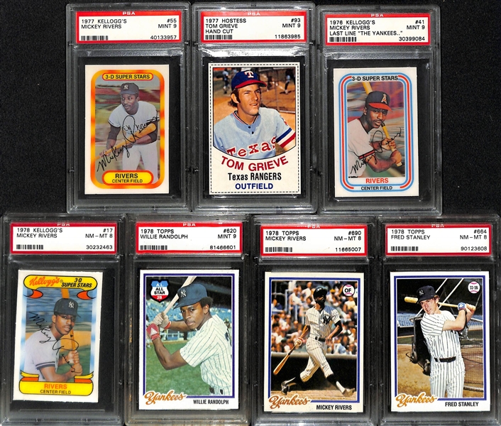 (13) 1977-1978 Topps and Kellogg's PSA 8 or 9 Graded Cards Inc. Topps 1977 Yankees Team Card, Ron Guidry,  Fred Stanley, Tom Grieve, Mickey Rivers, Graig Nettles, Willie Randolph